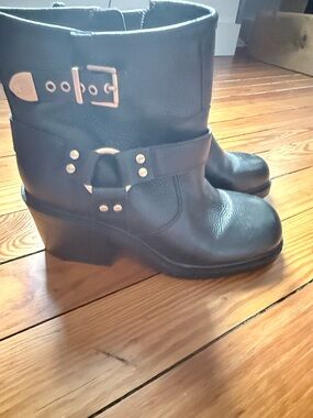 Black Leather Mid-Calf Harness Boots - Women